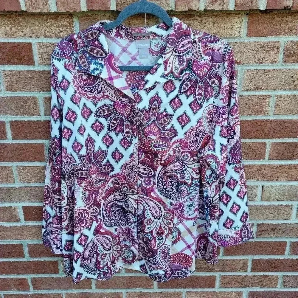 Chico's Button Up Shirt Women's XL 16/18 No Iron Pink Paisley